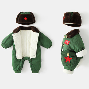 婴儿衣服冬装加绒保暖军装满月宝宝小红军连体棉衣周岁军大衣爬服