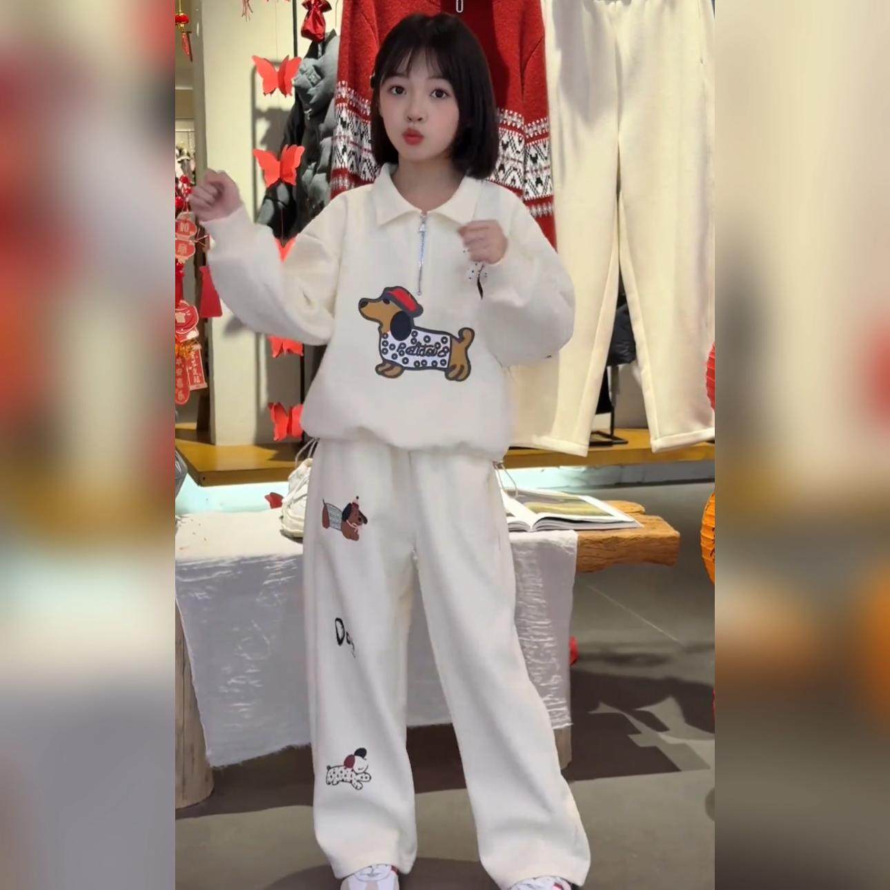 春季女童卡通腊肠狗刺绣POLO领半拉链卫衣阔腿裤运动休闲套装韩版,童装/婴儿装/亲子装,儿童运动套装,淘宝优惠券,粉丝福利购,淘宝优惠卷