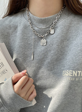 时尚字母数字钛钢吊坠项链女 双层朋克潮牌男女情侣锁骨链毛衣链
