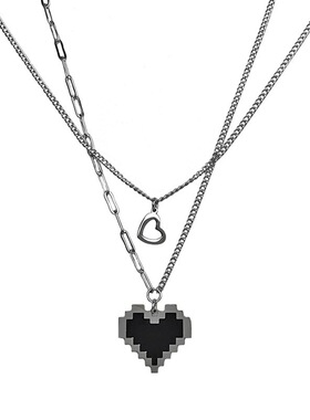 ins欧美轻奢黑色马赛克爱心双层钛钢项链男女叠戴风时尚甜酷配饰