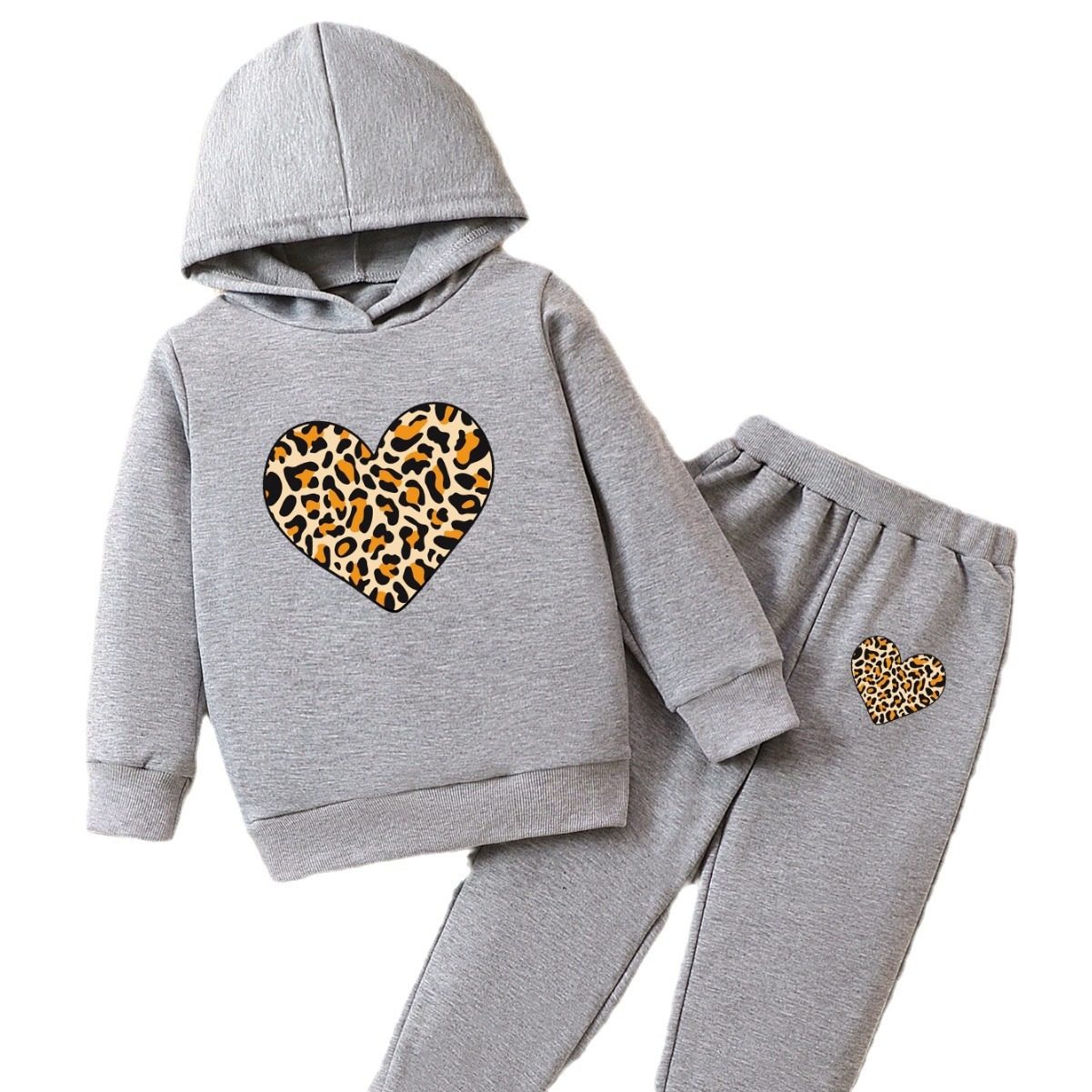 豹纹爱心可爱女童时尚连帽卫衣套装儿童女孩春秋运动套头,童装/婴儿装/亲子装,儿童运动套装,淘宝优惠券,粉丝福利购,淘宝优惠卷