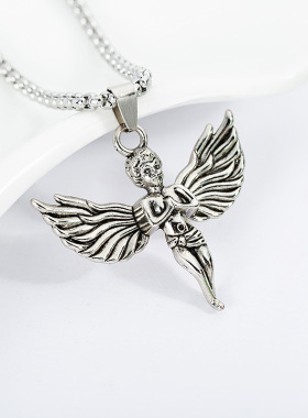 2025秋冬新款天使翅膀钛钢项链欧美复古爱神丘比特吊坠情侣毛衣链