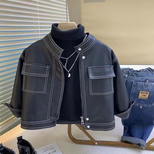 机车风男童皮衣潮 儿童皮外套男时尚 童装 工厂批发2024秋冬加绒新款