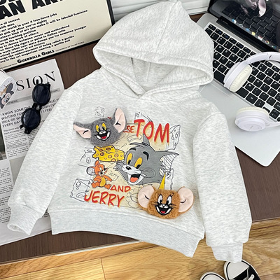 立体猫和老鼠玩偶连帽加绒卫衣纯棉男童秋冬卡通洋气儿童上衣外套