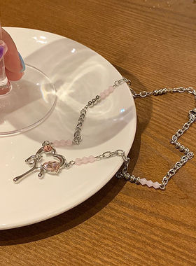 爱心水滴液化金属粉色 黑色锆石甜酷项链 钛钢串珠链条保色锁骨链