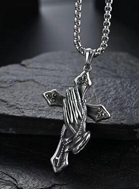 2025秋冬新款跨境个性钛钢项链  复古风祈祷之手十字架长款毛衣链
