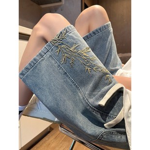 薄款 男夏季 刺繡牛仔短褲 國潮美式 潮牌闊腿中褲 寬松5五分褲 新中式