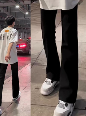 黑色微喇牛仔裤男生春秋vibe修身青少年九分裤美式窄版弯刀长裤夏