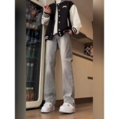 直筒微喇长裤 cleanfit水泥烟灰色牛仔裤 高街修身 高级感美式 子 男款