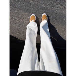 白色柳叶弯刀牛仔裤男款潮牌美式cleanfit裤子高街显瘦直筒微喇裤