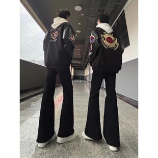 美式高街微喇牛仔裤男春秋新款修身显瘦国潮弯刀青少年男长裤黑色