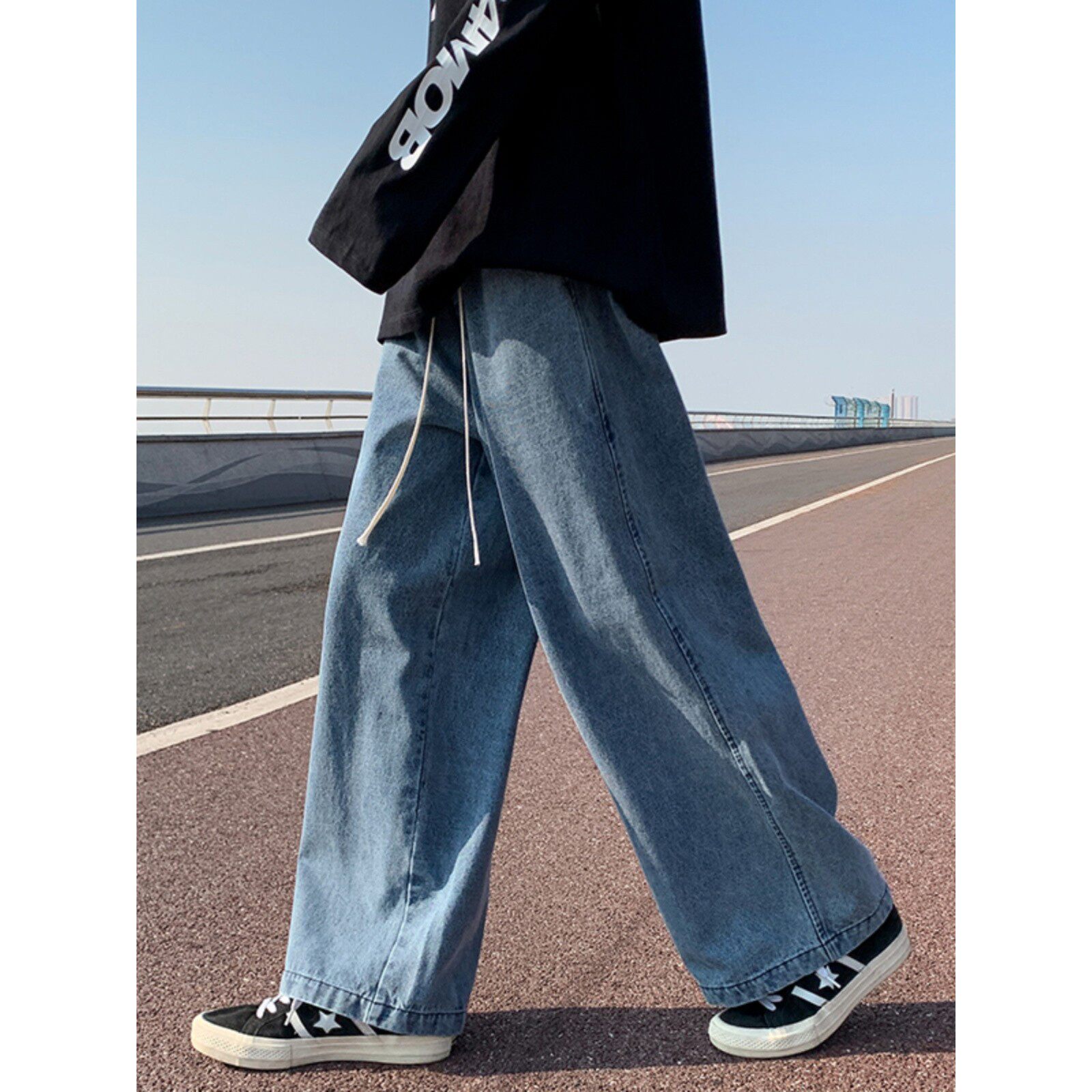 坠感阔腿牛仔裤男秋季美式高街直筒宽松裤子潮牌胖子大码休闲长裤