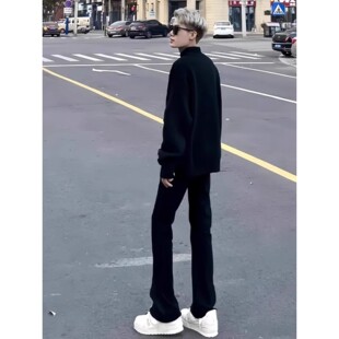 显瘦直筒裤 美式 高街纯黑色加绒潮流修身 男春秋新款 微喇vibe牛仔裤
