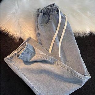 ins港风复古老爹裤 松紧腰牛仔裤 宽松直筒休闲阔腿裤 新款 子 男夏季