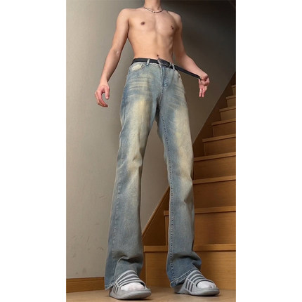 美式高街vibe中高腰提档裤子男高个子复古蓝弯刀牛仔裤直筒微喇裤