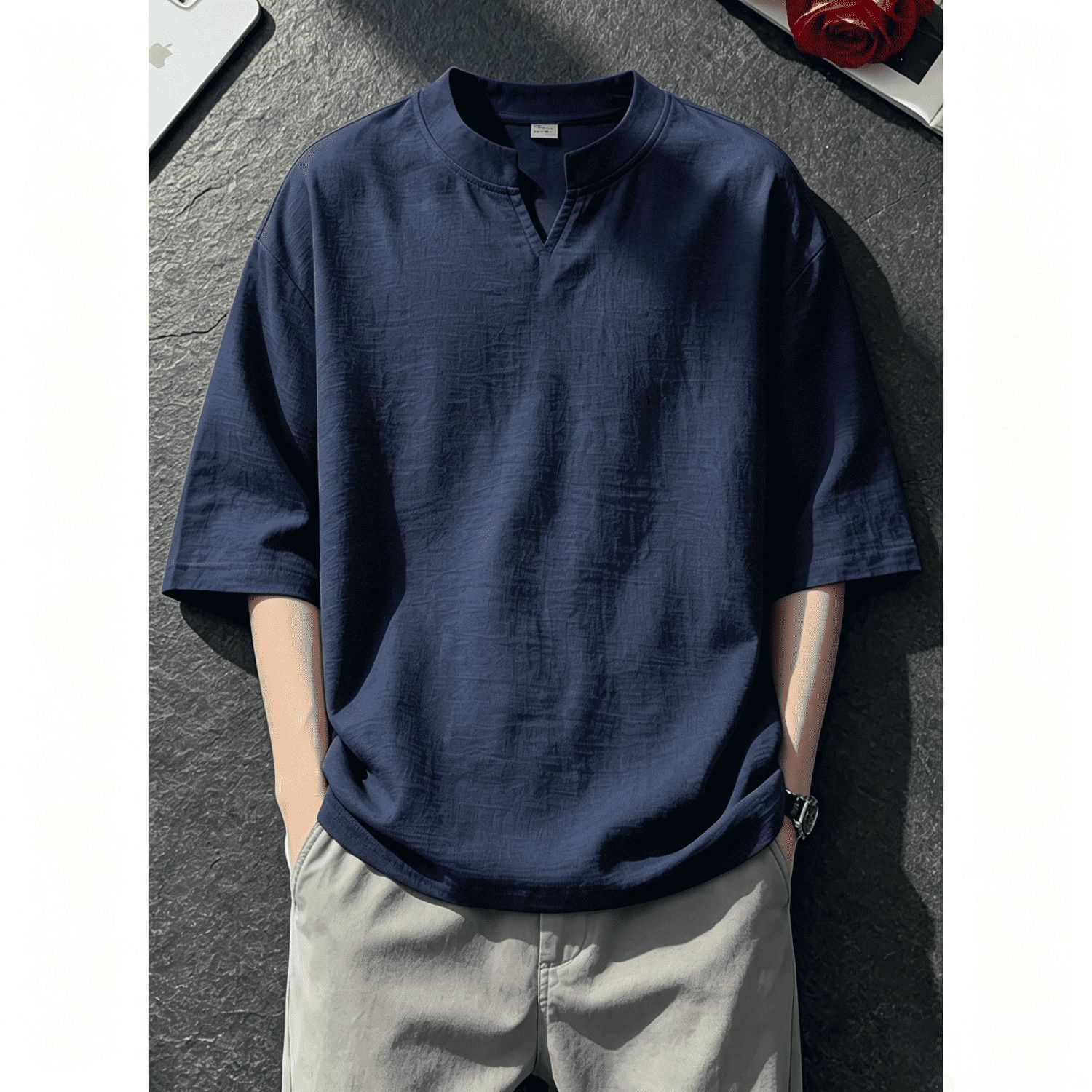 亨利领短袖男款夏季2026新款宽松高级感休闲V领半袖男士t恤上衣服
