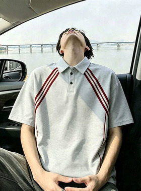 白灰色美式条纹Polo衫男款短袖夏季潮牌翻领正肩t恤高级感半截袖
