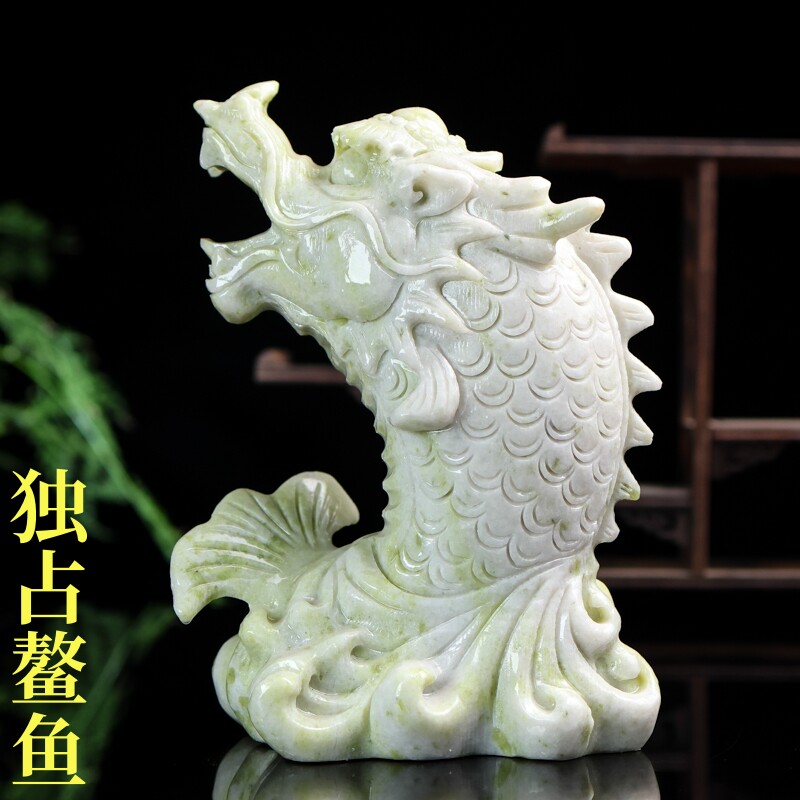 天然蓝田玉鳌鱼摆件黄玉鳌头鱼化龙鳌鱼龙头鱼鸱吻螭吻办公室家居