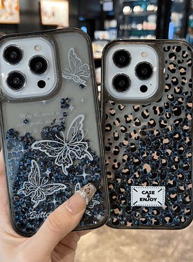 适用苹果系列iPhone16新款透明手机壳16promax奢华女款豹纹黑砖闪粉流沙15promax/14pro/13pro/12网红保护套