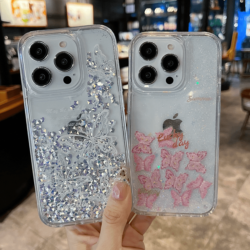 适用苹果系列iPhone16新款手机壳15pro奢华女款透白闪钻流沙蝴蝶16promax透明14promax/13pro/12网红保护套