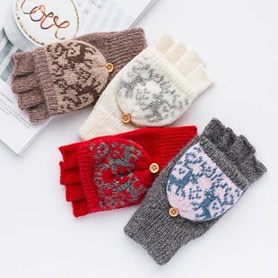 秋冬新款羊绒羊毛五指半指小鹿女士秋冬季加厚翻盖手套女