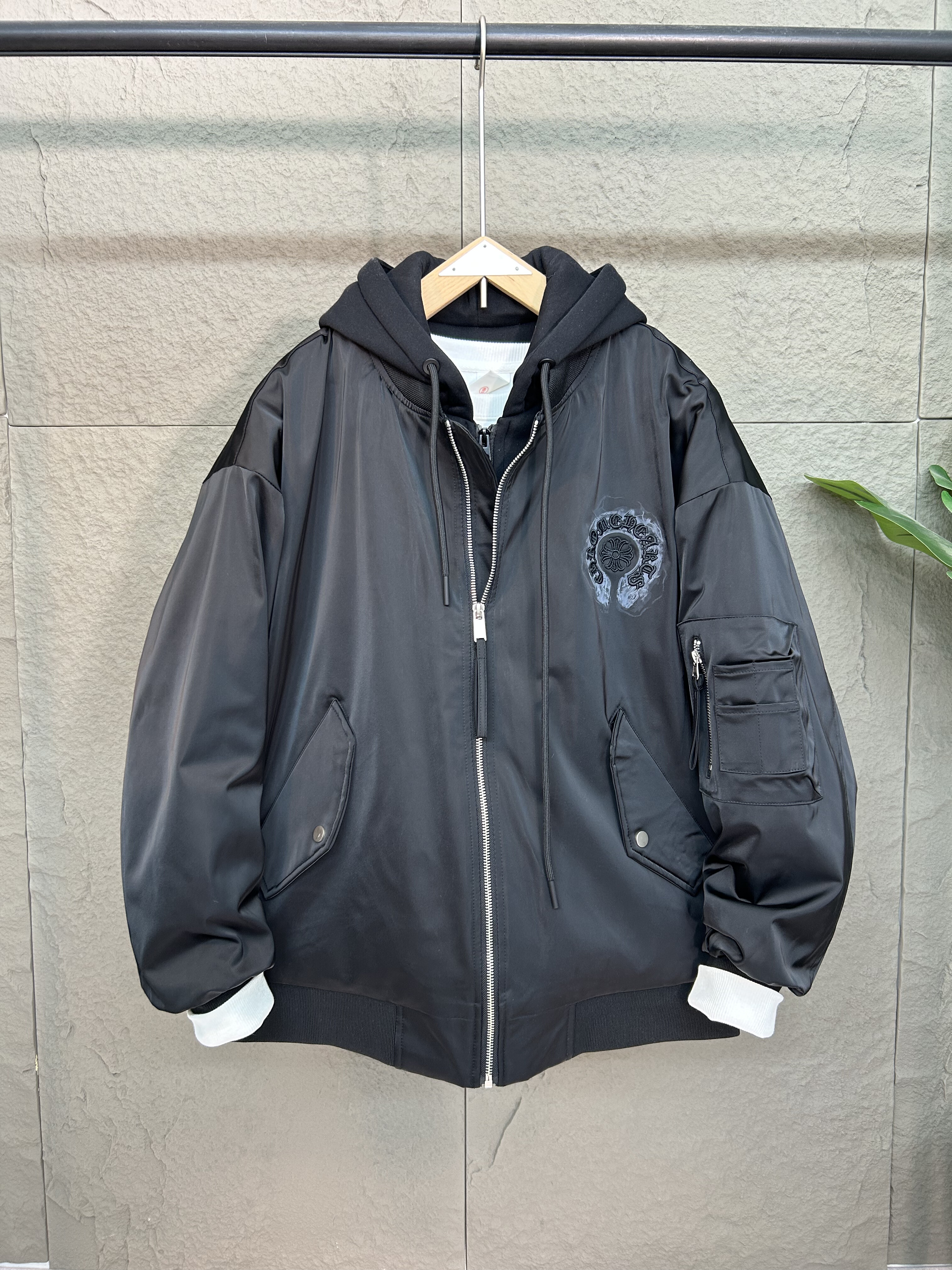 潮牌二棉外套秋冬连帽假两件刺绣飞行员夹克夹棉宽松男女情侣