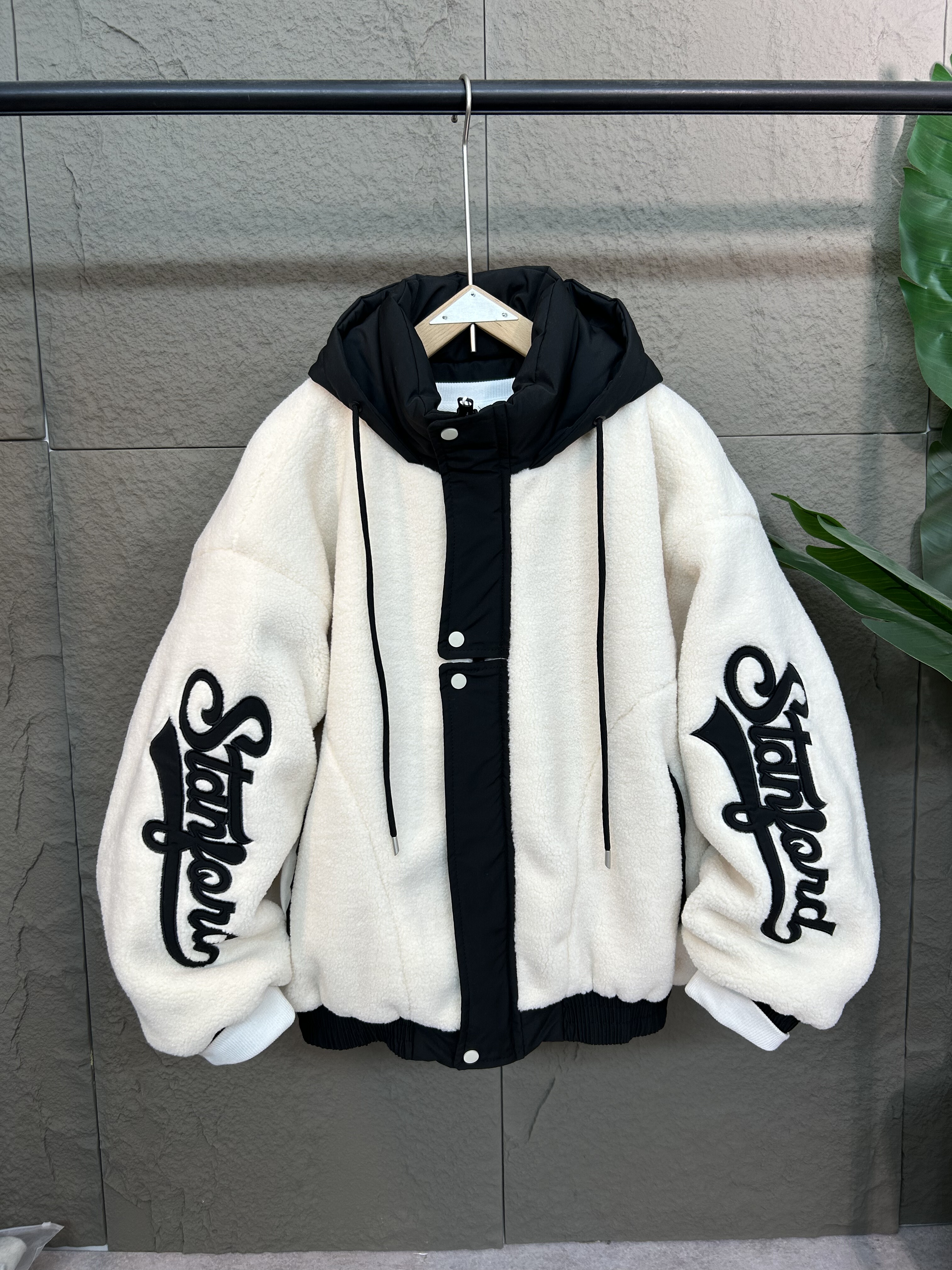 潮牌羊羔绒棉服冬季连帽加厚保暖拼色刺绣外套宽松男女情侣高级感