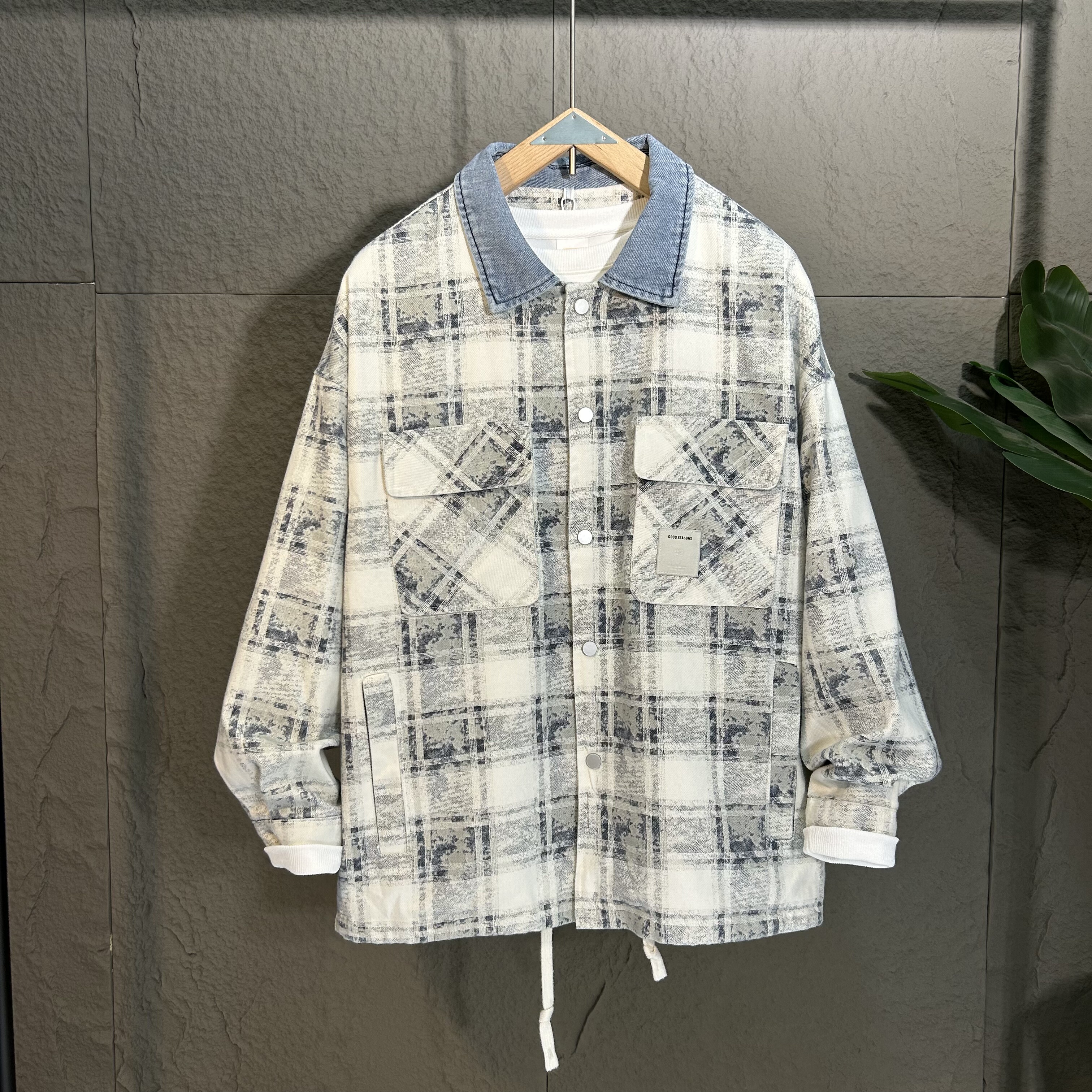 潮牌洗水牛仔夹克2025春秋格子拼接翻领扎染外套宽松阔版男女情侣