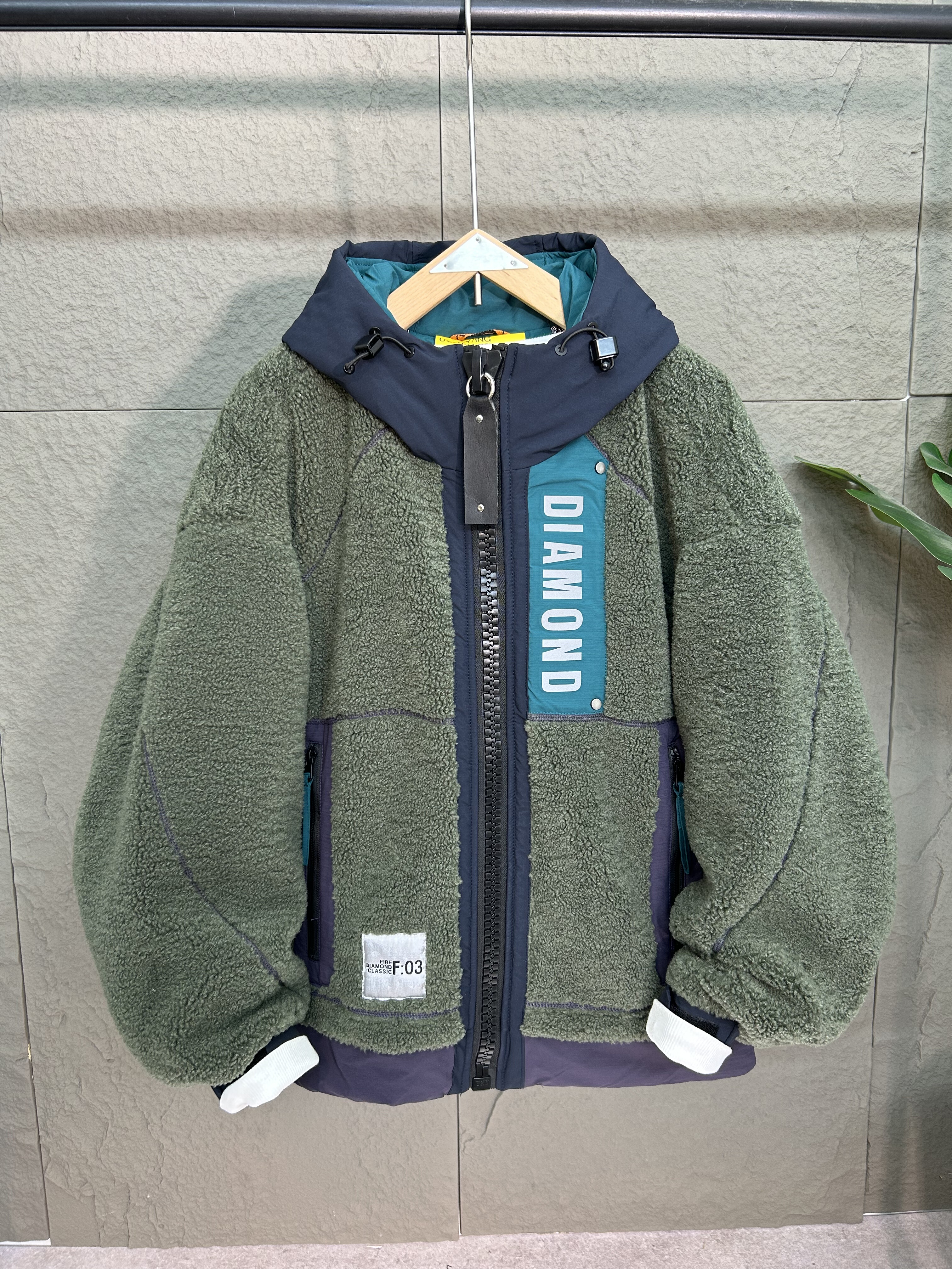 潮牌羊羔绒棉服冬季连帽拼色保暖外套加厚宽松阔版男女情侣高级感