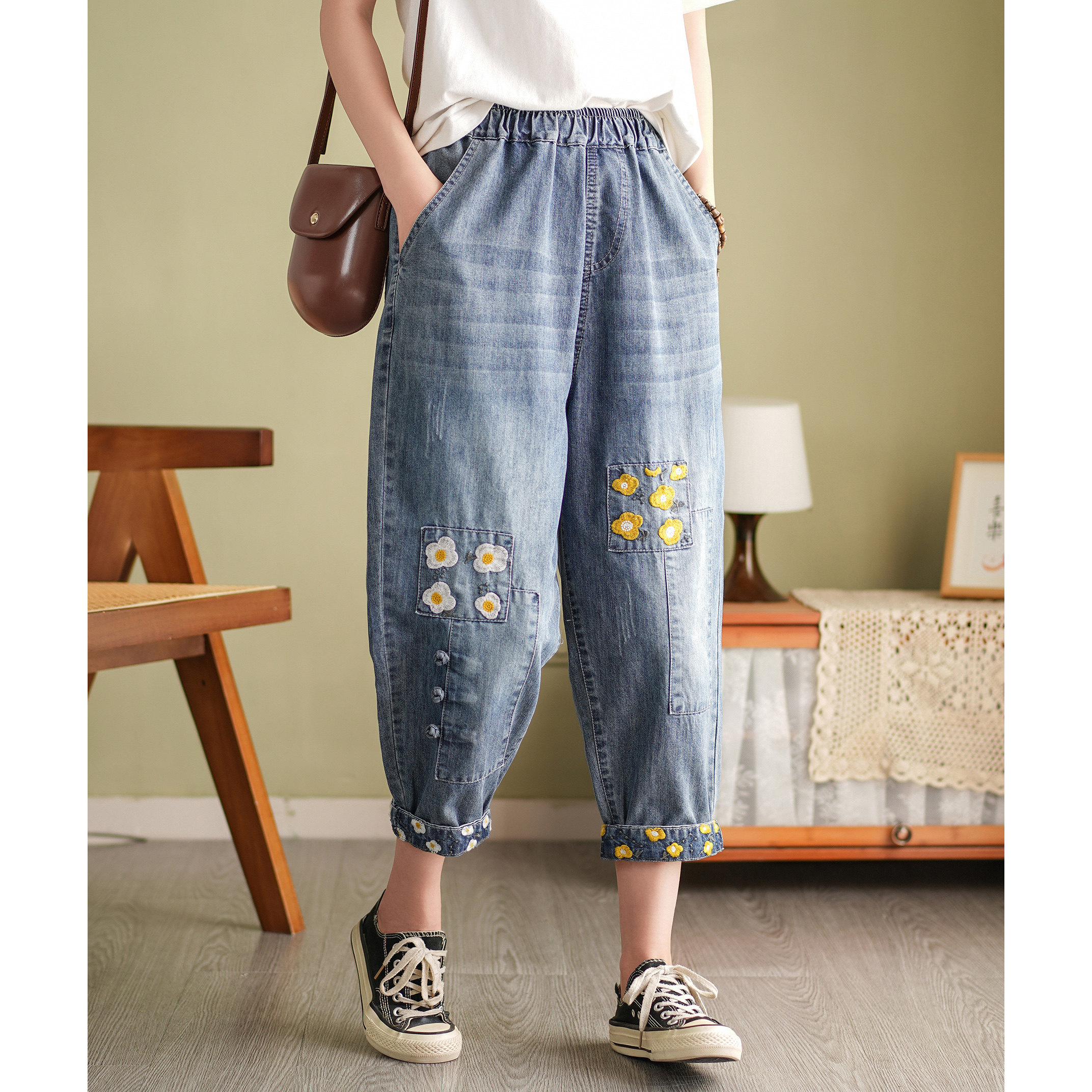 民族风贴布八分牛仔裤女夏薄款高腰宽松哈伦裤刺绣大码显瘦萝卜裤