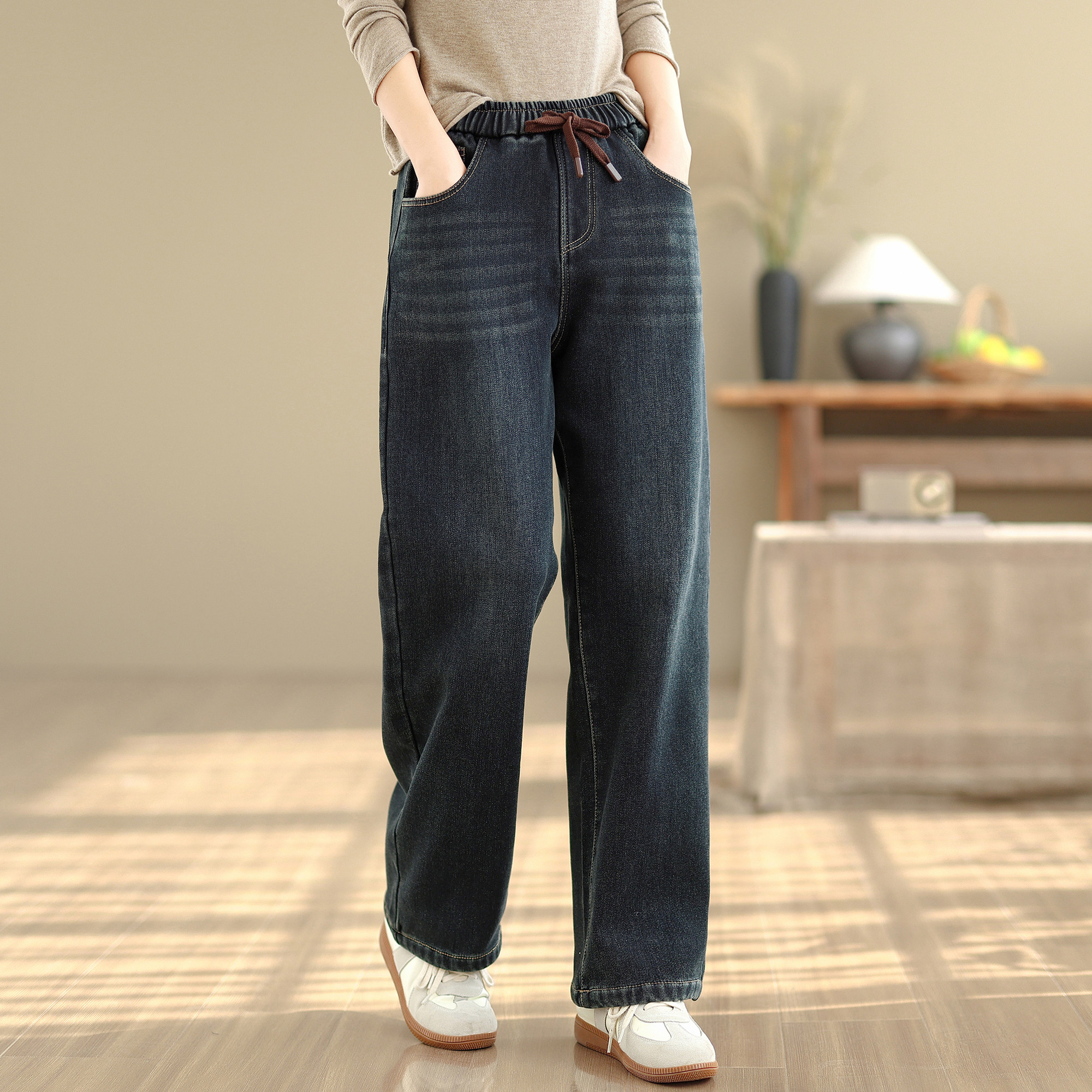 冬季加绒高腰直筒牛仔裤女士松紧腰抽绳宽松阔腿显瘦休闲百搭长裤 - 衣欣阁女装 原创女裤出品