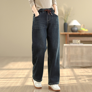 冬季加绒高腰直筒牛仔裤女士松紧腰抽绳宽松阔腿显瘦休闲百搭长裤