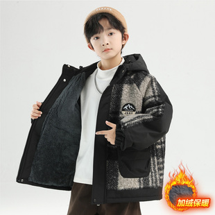 男童加绒外套儿童冬季连帽加厚毛毛衣帅气保暖中大童男孩棉服棉衣