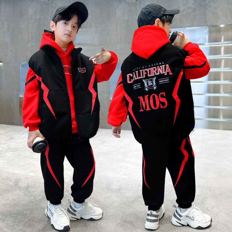 男童加绒套装儿童秋冬三件套2025新款中大童冬装加厚男孩童装休闲