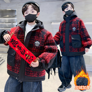男童加绒外套儿童红色衣服喜庆拜年服冬季连帽加厚毛毛衣帅气保暖