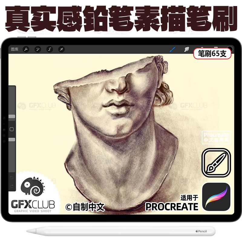 procreate铅笔素描笔刷65款 ipad手绘模拟素描铅笔炭笔绘画纹理笔