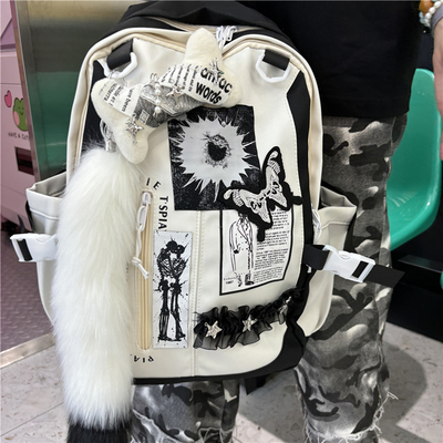 日光欲原创亚文化书包大容量字母拼接小众通勤背包学生上课双肩包