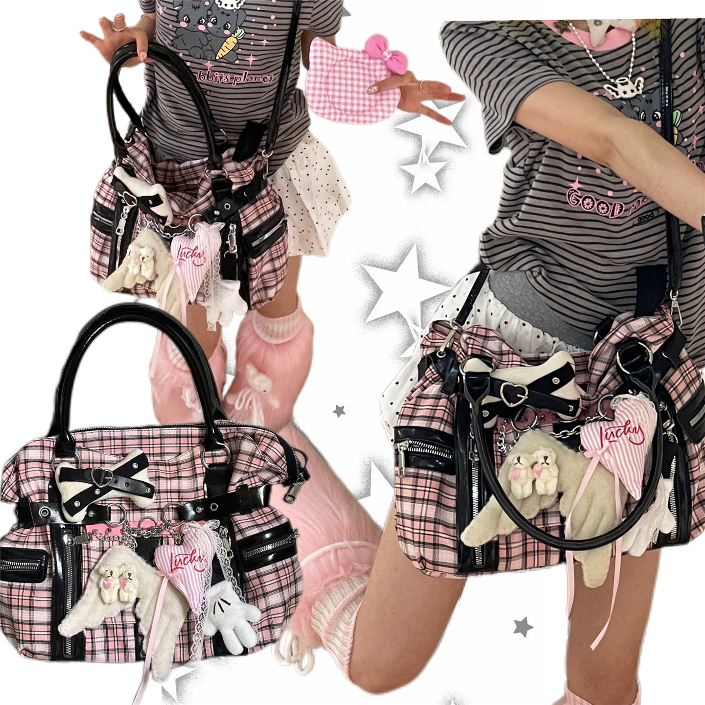 日光欲原创格纹托特包Y2K大容量通勤小众链子波嬉风手提单肩包女