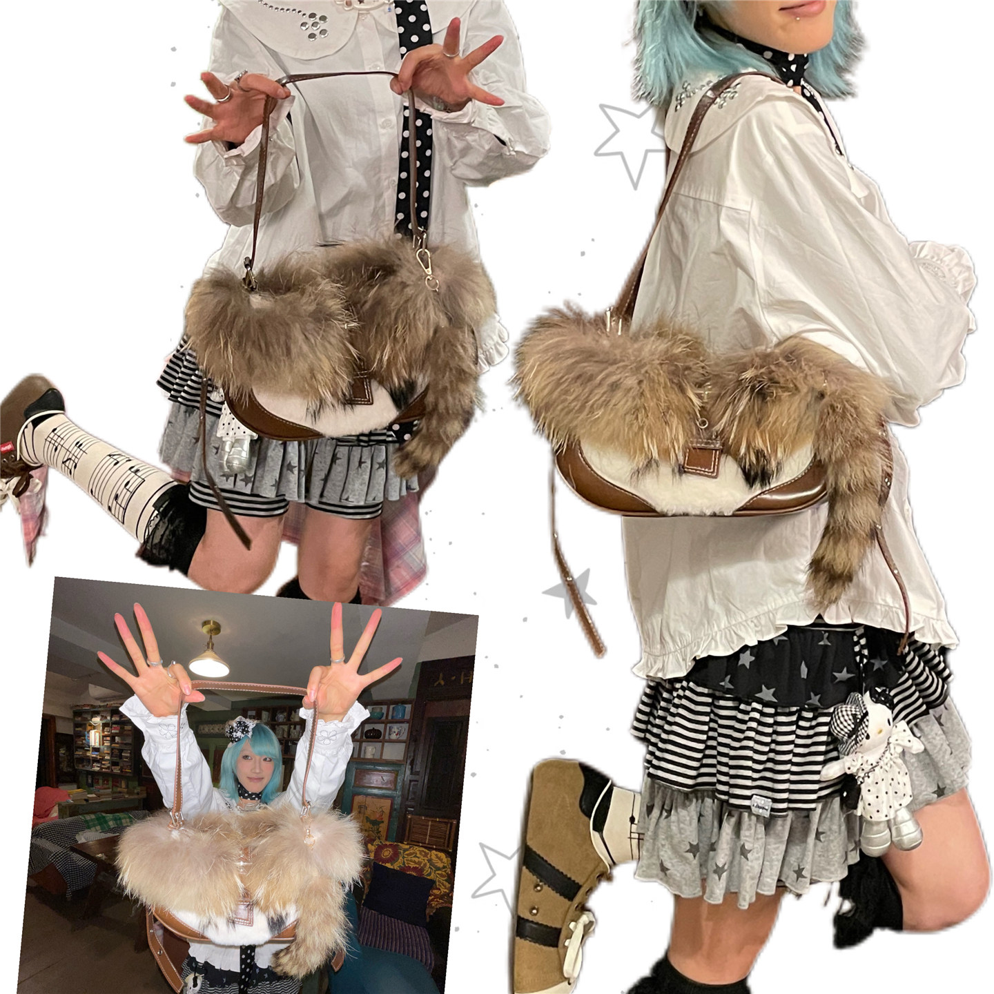 日光欲原创棕色腋下包女百搭辣妹小包秋冬毛毛斜挎毛球小众单肩包