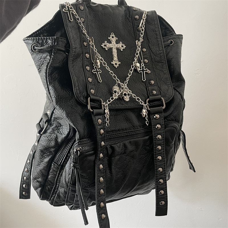 DAYLIGHT LUST ORIGINAL MILLENNIAL BABES SOFT LEATHER SUBCULTURE BACKPACK DARK SKULL CROSS CHAIN COMMUTER BACKPACK