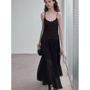 2026新款女装黑色吊带连衣裙女不对称下摆垂坠感长裙
