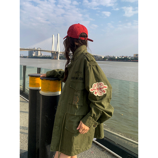 风军绿色中长款 风衣女工装 宽松显瘦立领印花字母外套 女装 2026新款