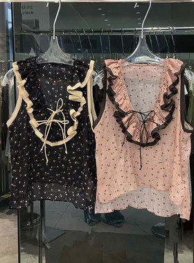 新款前短后长法式复古碎花无袖背心女荷叶边系带V领度假风上衣
