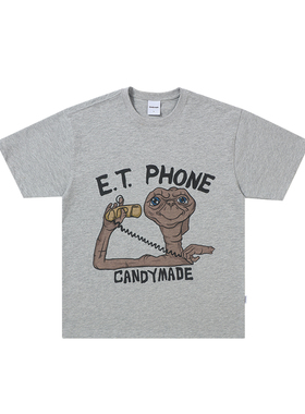 CANDYMADE春夏ET.系列电话数码直喷灰色竹节棉宽松圆领短袖T