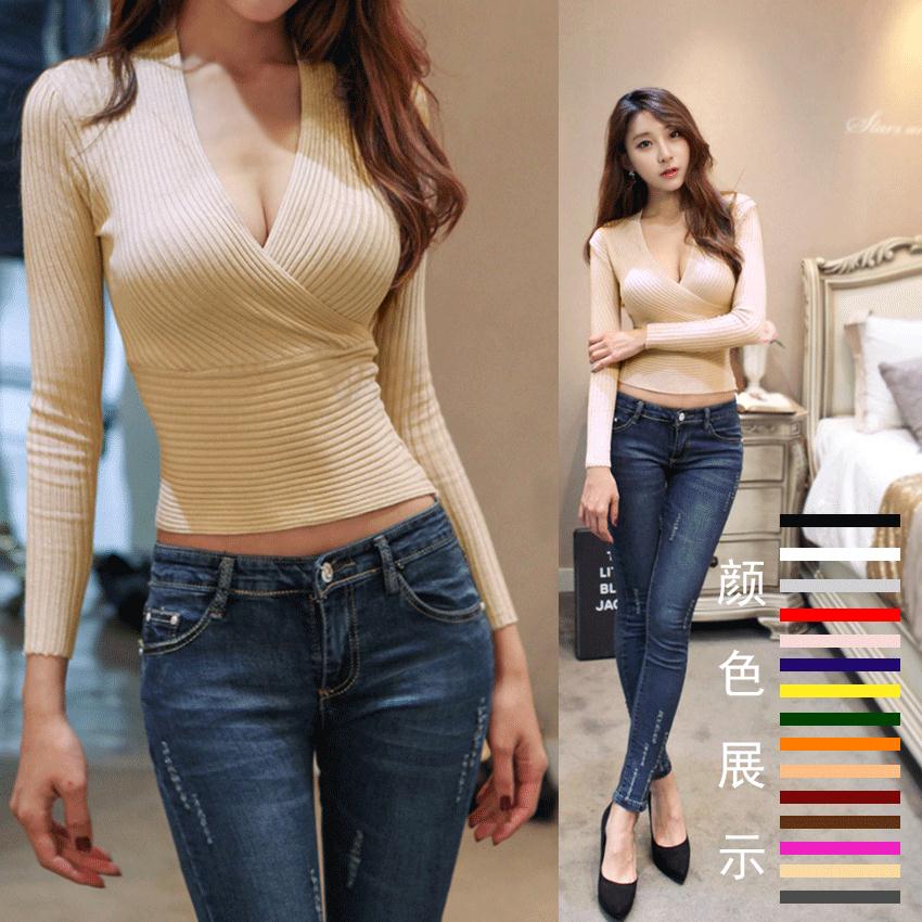 春秋装新款夜店显瘦性感低胸V领女士打底针织衫长袖套头毛衣紧身C