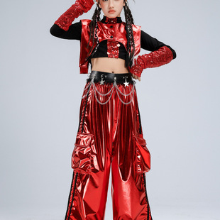 旦表演服装 舞蹈服jazz女孩街舞元 露脐黑红亮片皮裤 女童爵士舞套装