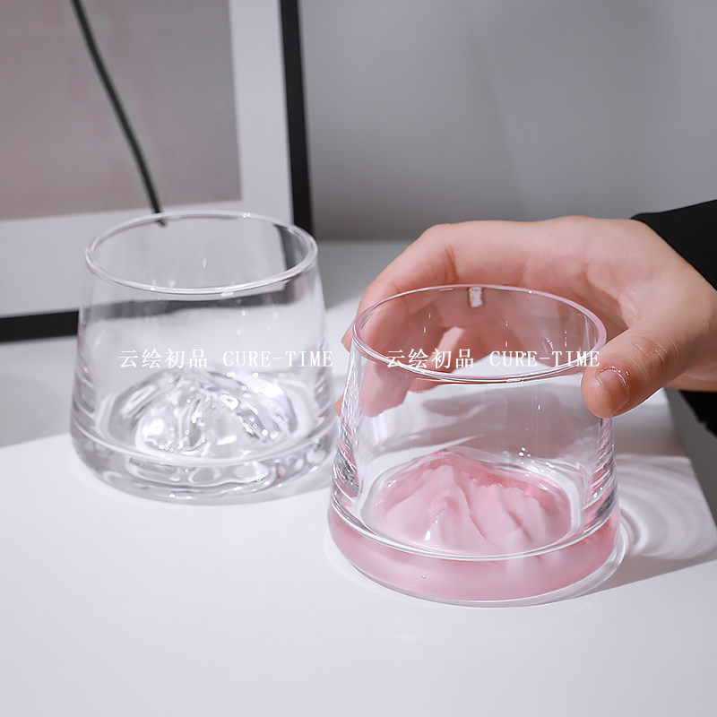 粉色富士山杯创意观山杯玻璃水杯家用女高级感洋酒杯子威士忌酒杯