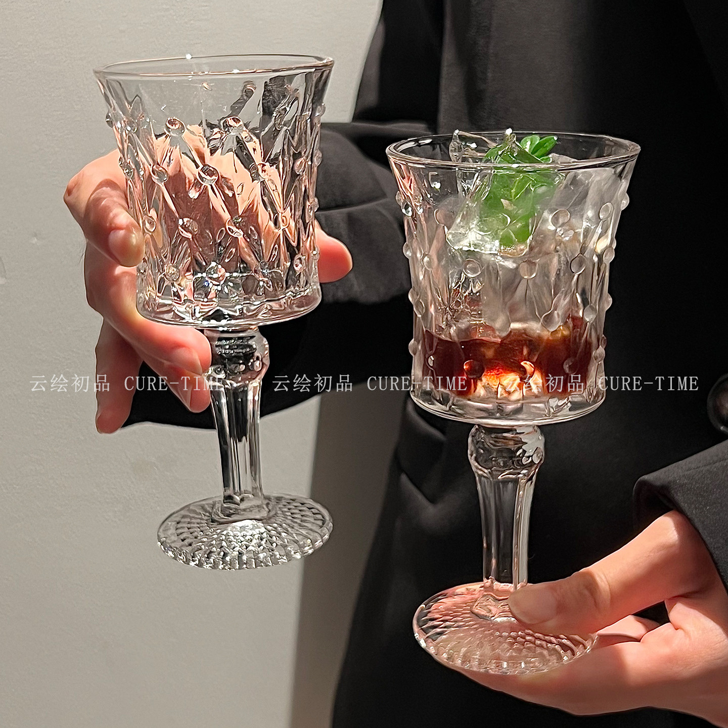 法式复古透明高脚杯高颜值香槟杯红酒杯果汁杯欧式浮雕玻璃杯