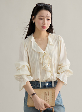 Tania S家法式复古木耳边喇叭袖衬衫女26春季通勤衬衣百搭上衣