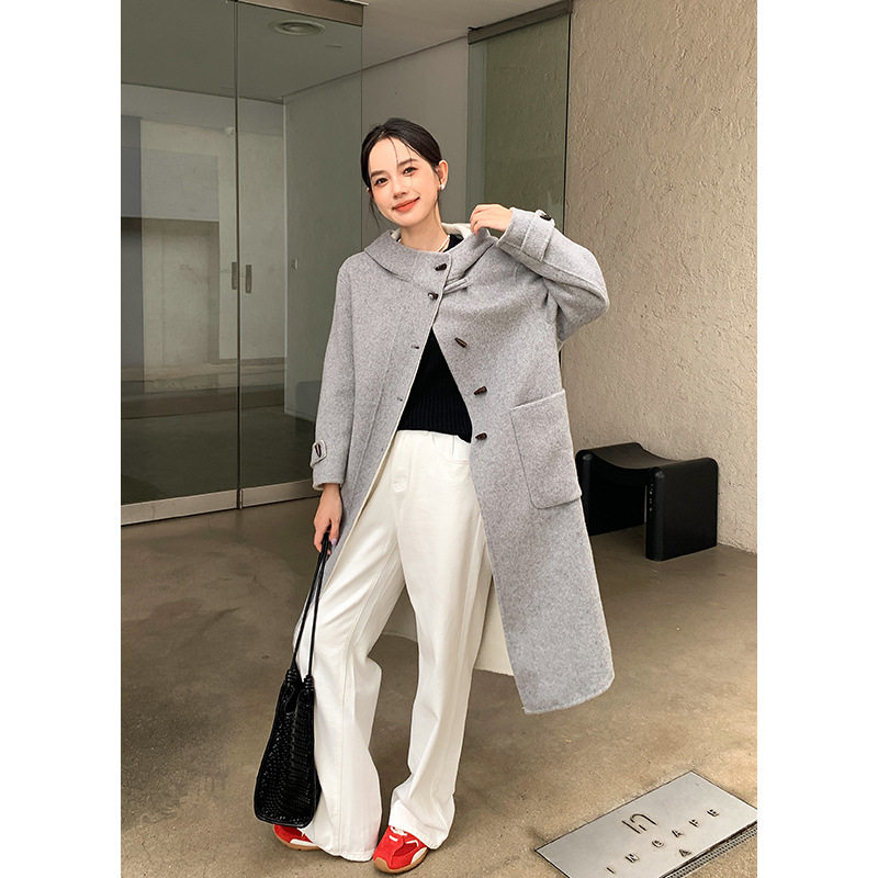 Tania S家秋冬新款韩版羊毛连帽大衣中长款牛角扣双面呢毛呢外套 - 淘宝联盟商品